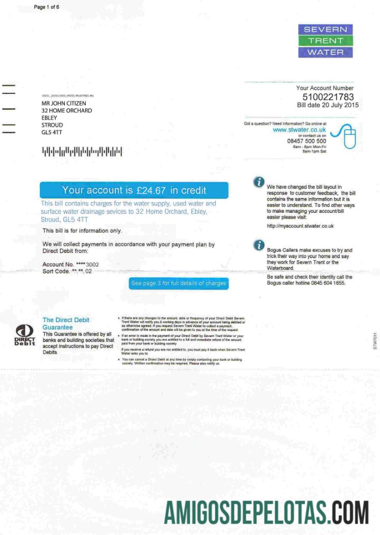 Para baixar modelo de conta de serviços públicos de água Severn Trent do Reino Unido, totalmente editável em formato PSD